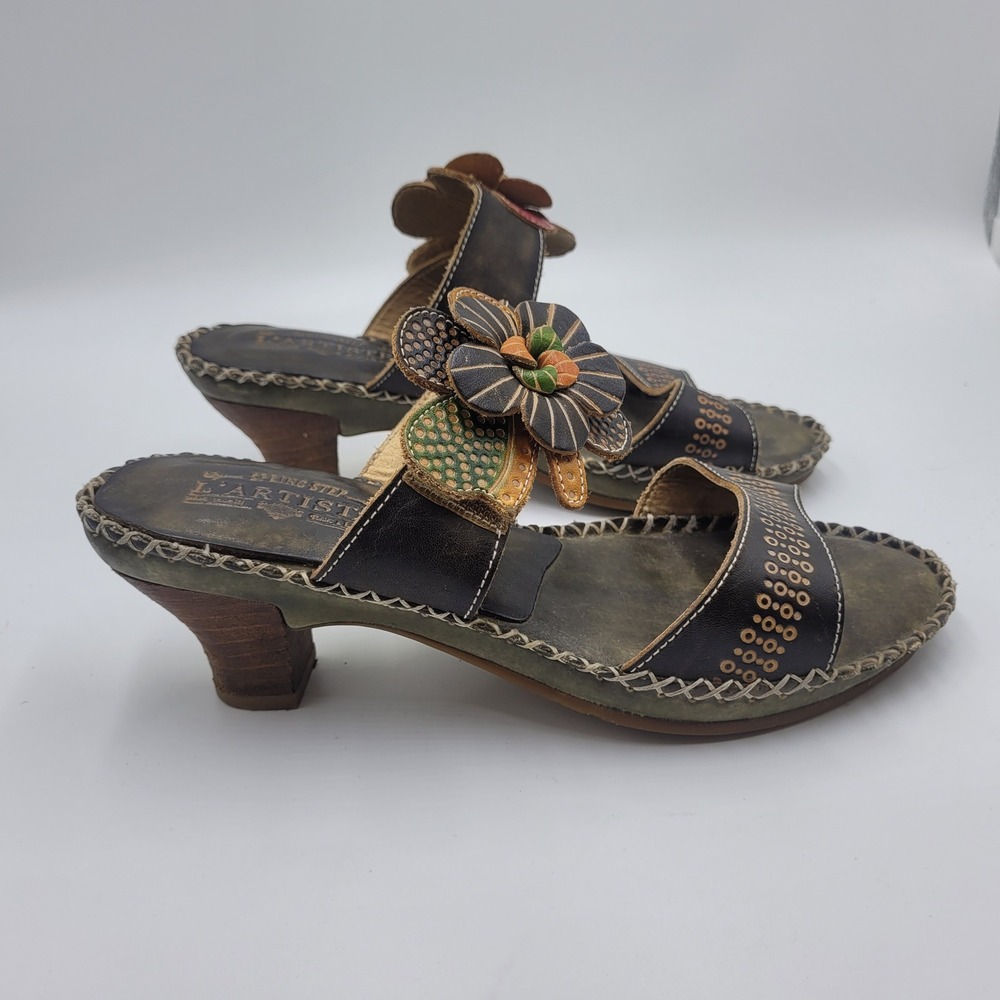 Spring Step L'Artiste Oceanside Leather Floral Slide Sandals Brown Size 38 (7.5)